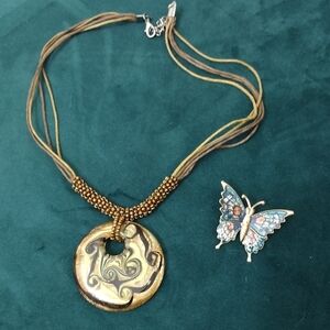 Set of 2 Vintage Art Glass Pendant Necklace And Multi-colored Butterfly Brooche